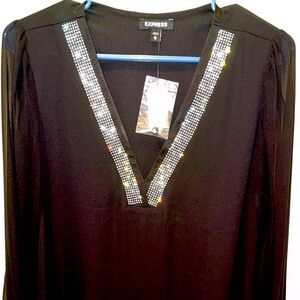 Express Women’s M Black Blouse with Rhinestones - Sheer V-Neck!